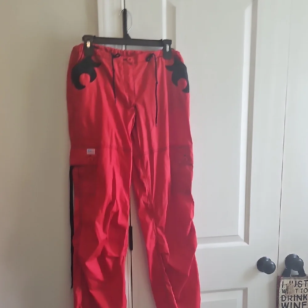 unisex sz l vintage ufo parachute cargo pockets pants red w/ black flames - Picture 1 of 6